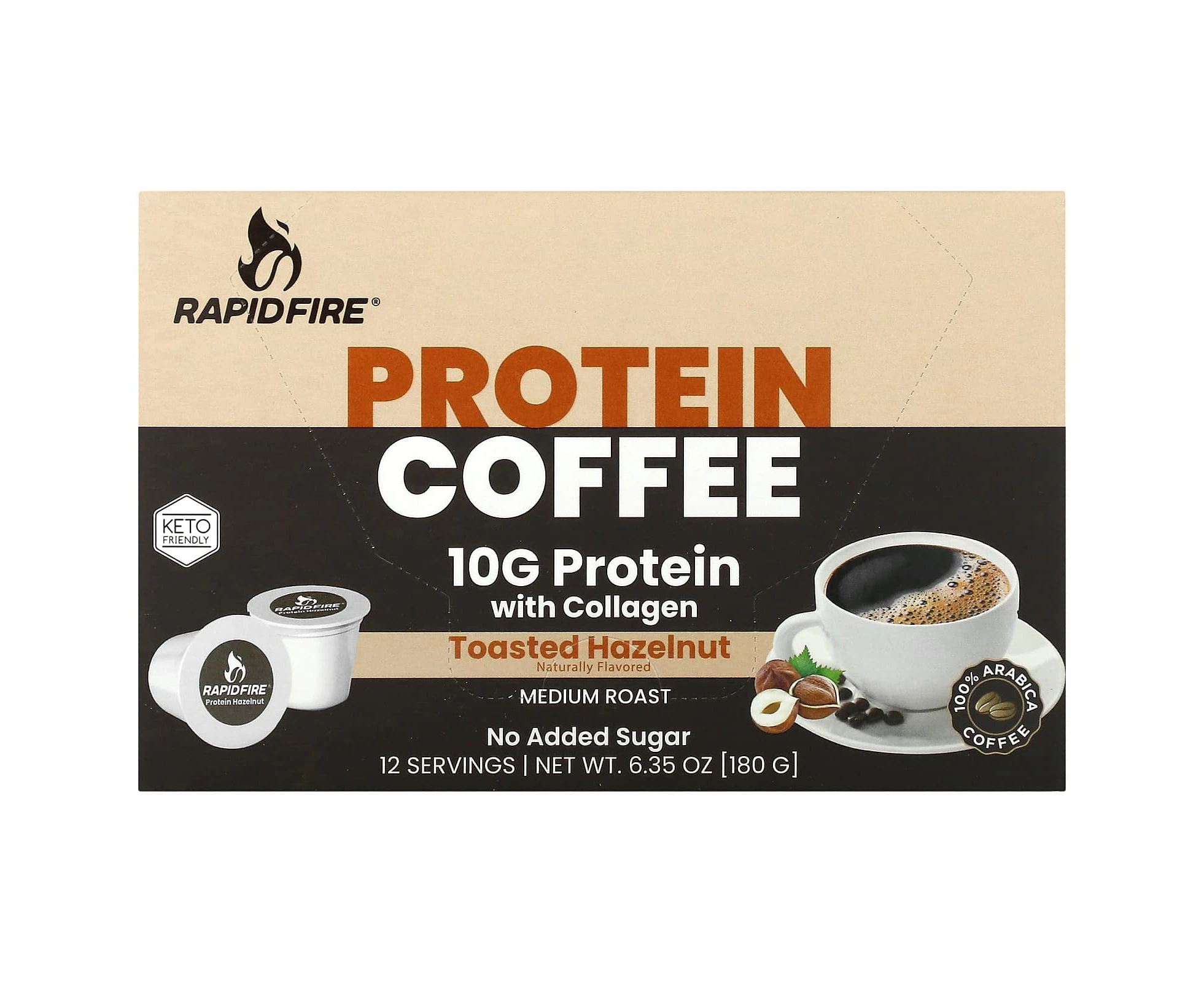 RAPIDFIRE, Protein Coffee Pod, Toasted Hazelnut, Medium Roast, 12 Pods, 6.35 oz (180 g)