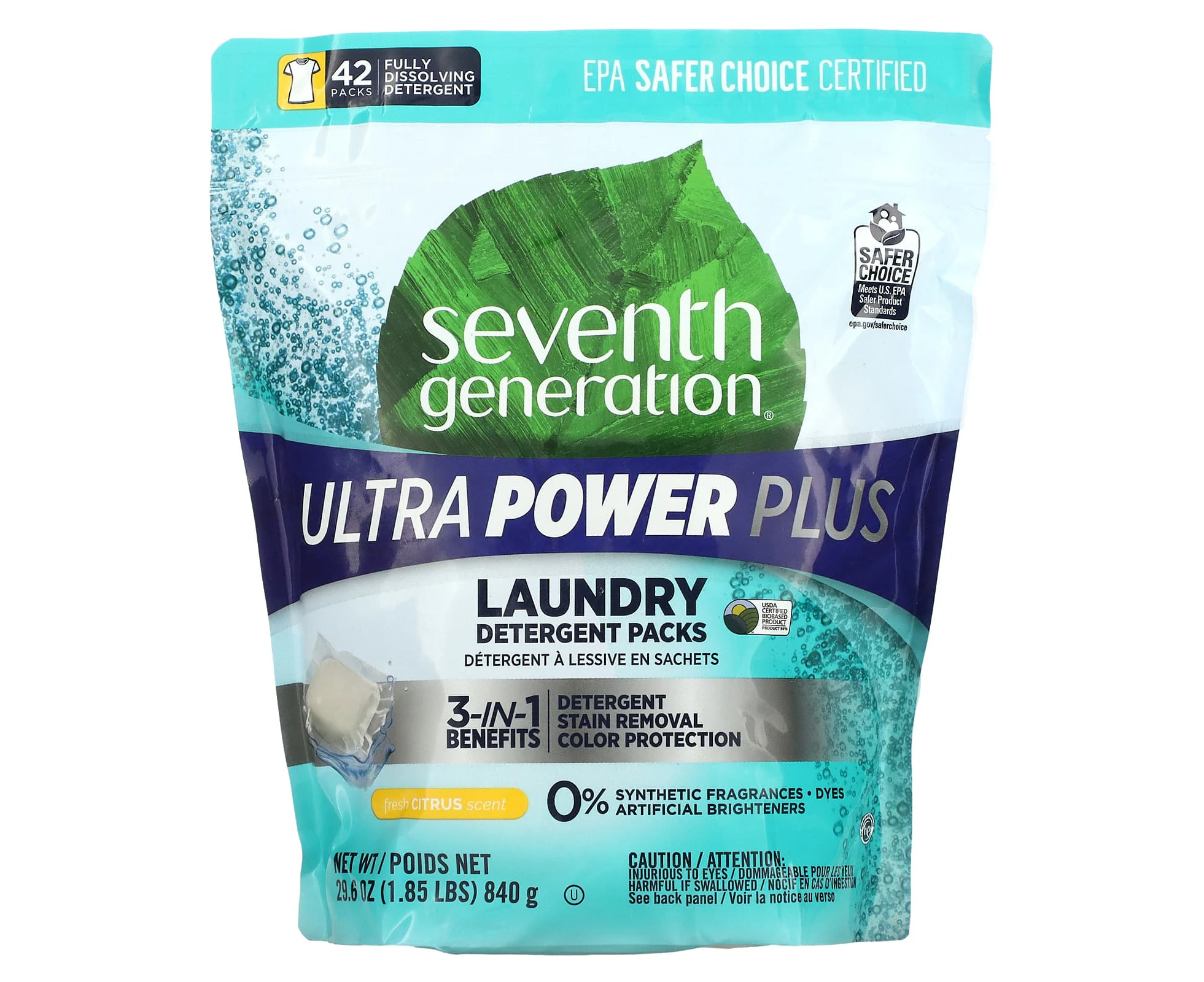 Seventh Generation, Laundry Detergent Packs, Ultra Power Plus, Fresh Citrus, 42 Packs, 29.6 oz (840 g)