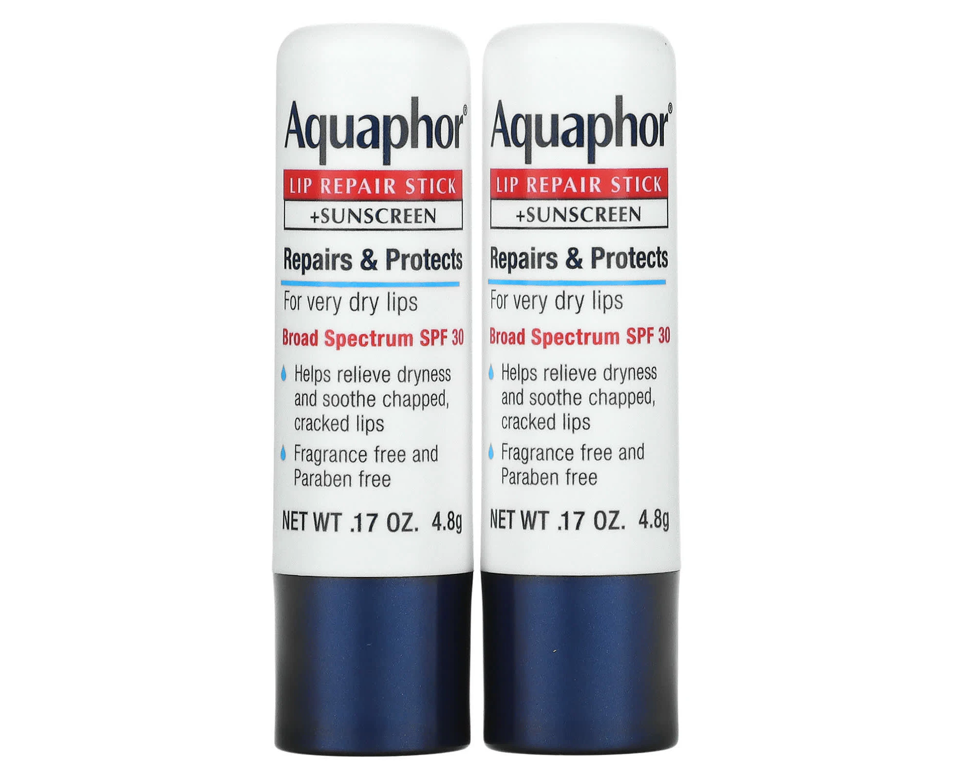 Aquaphor, Lip Repair Stick + Sunscreen, SPF 30, Fragrance Free, Dual Pack, 2 Sticks, 0.17 oz (4.8 g) Each