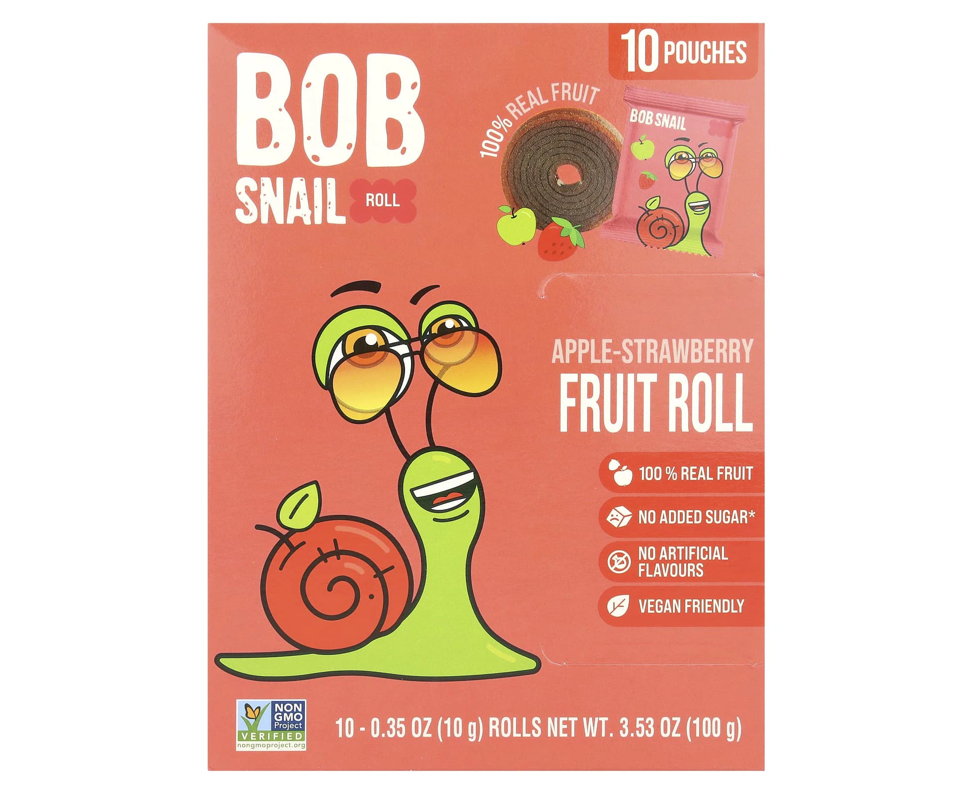 Bob Snail, Fruit Rolls, Apple-Strawberry, 10 Pouches, 0.35 oz (10 g) Each