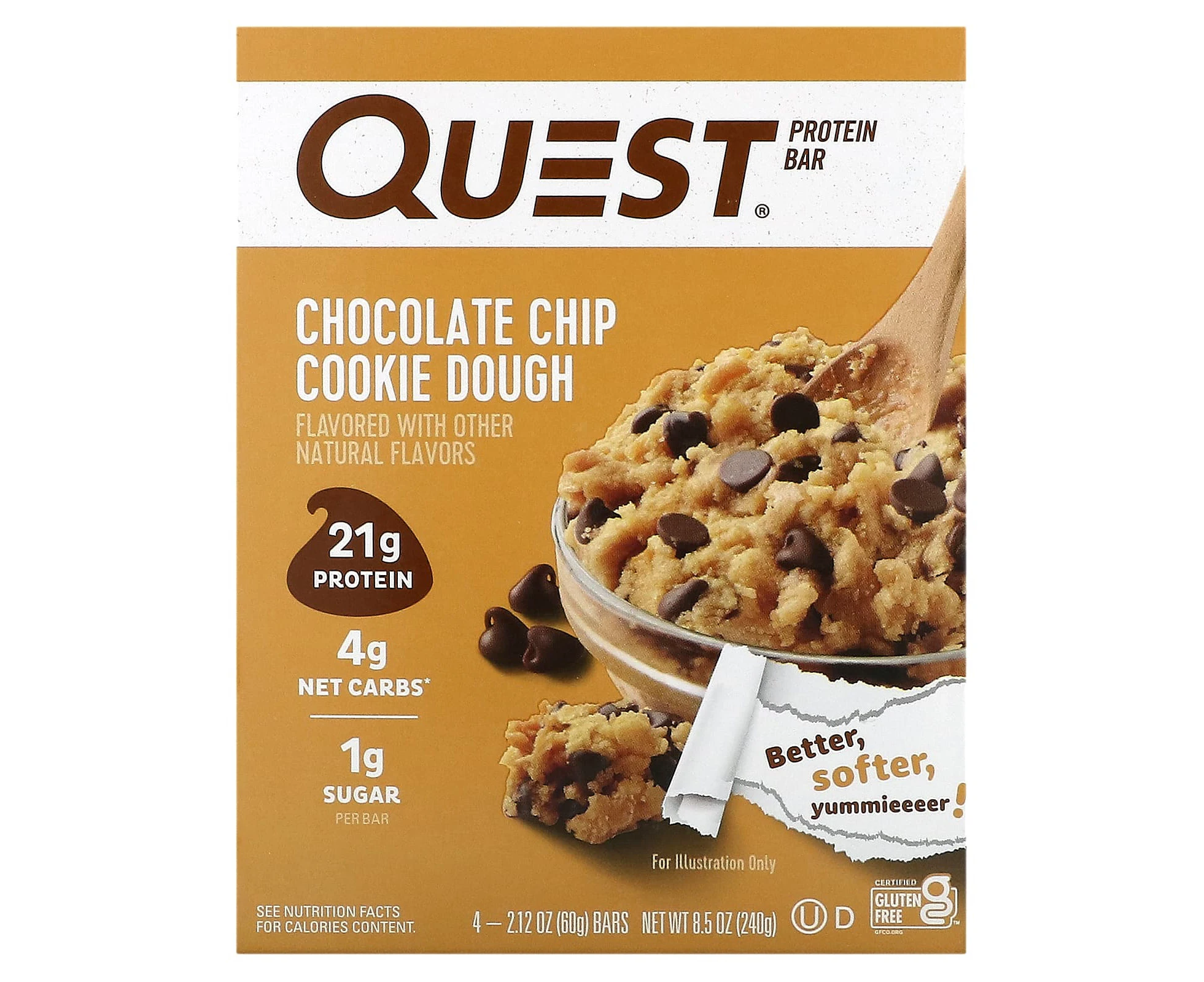 Quest Nutrition, Protein Bar, Chocolate Chip Cookie Dough, 4 Bars, 2.12 oz (60 g) Each