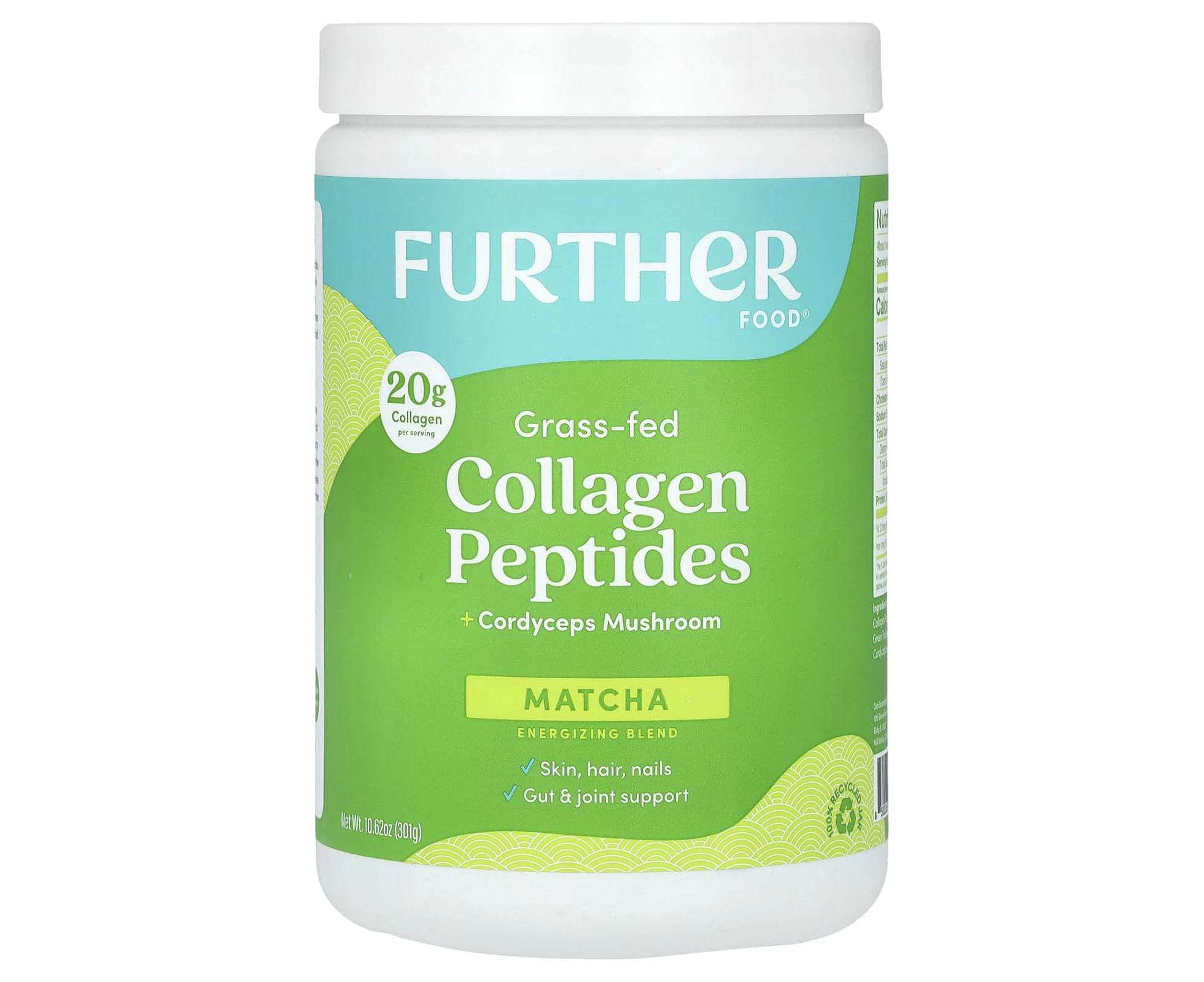 Further Food, Grass-Fed Collagen Peptides + Cordyceps Mushroom, Matcha, 10.62 oz (301 g)