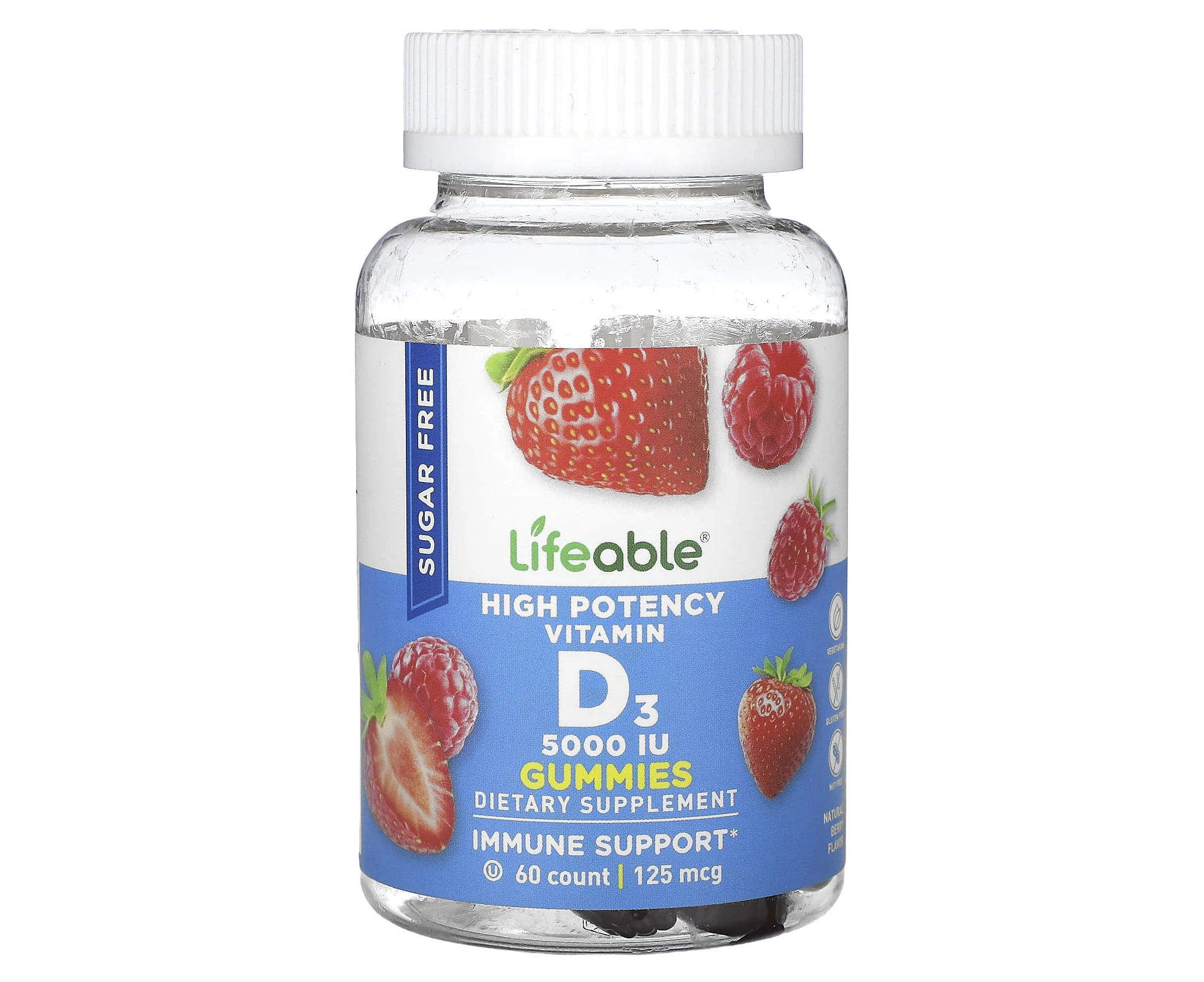 Lifeable, High Potency Vitamin D3 Gummies, Sugar Free, Natural Berry, 125 mcg (5,000 IU), 60 Gummies