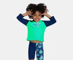 Speedo Toddler Boys' Long Sleeve Printed Rash Top - Fake Green/Harmony Blue/Steel Blue