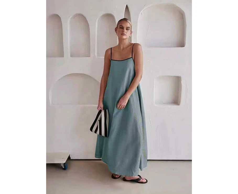 Women's Summer Linen Maxi Dress Contrast Color Backless Spaghetti Strap Dress