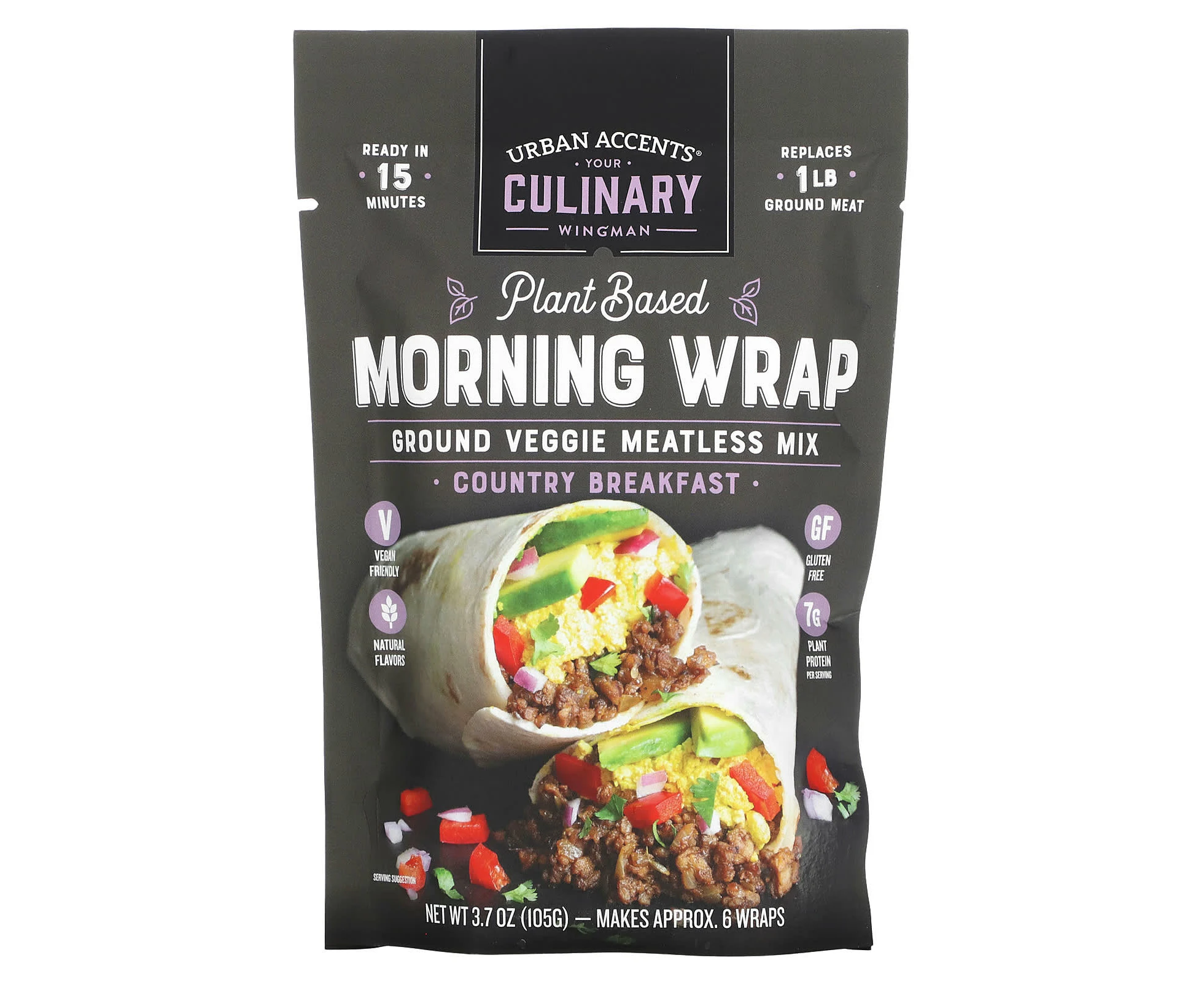 Urban Accents, Plant Based Morning Wrap, Ground Veggie Meatless Mix, Country Breakfast, 3.7 oz (105 g)