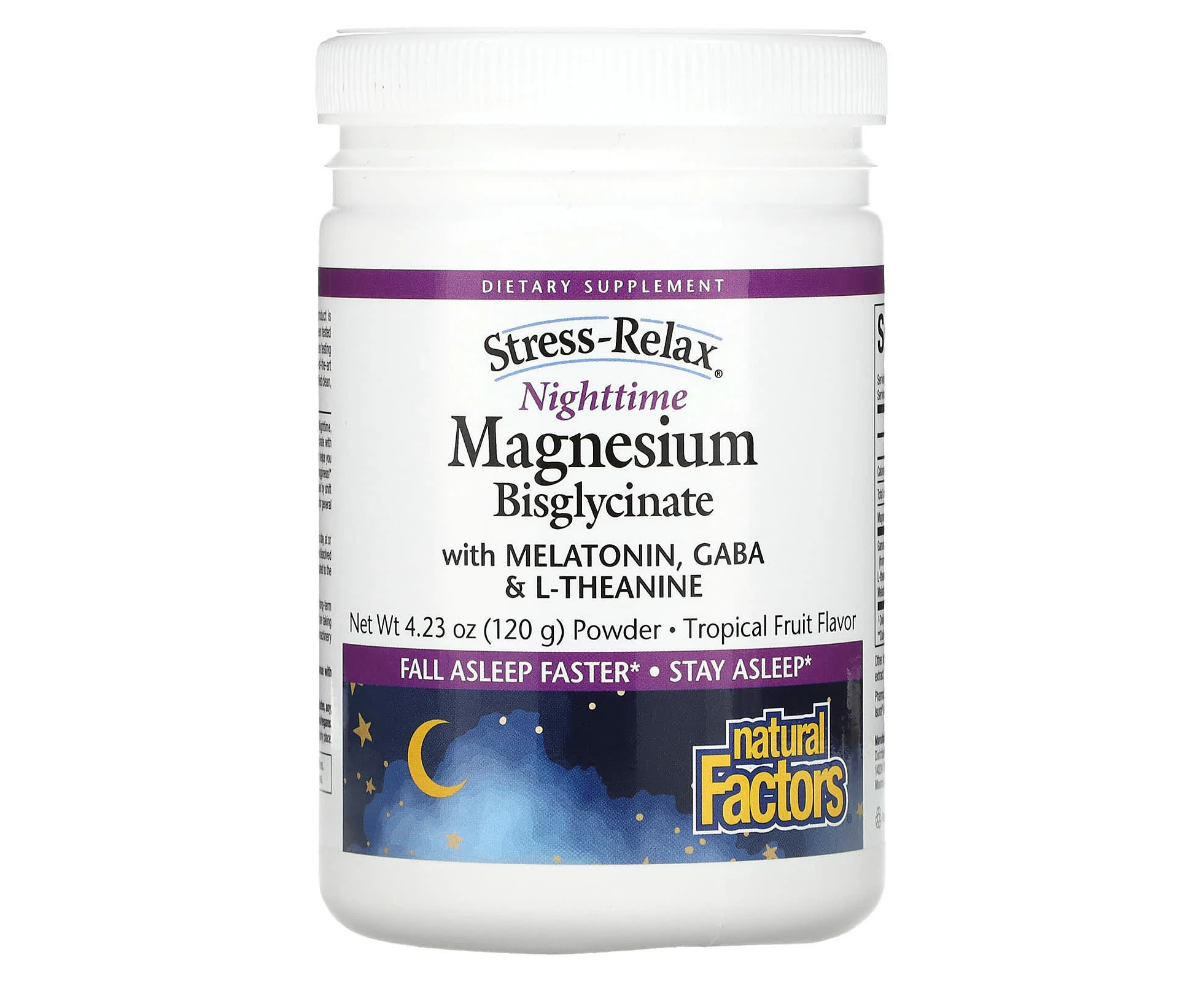 Natural Factors, Stress-Relax, Nighttime Magnesium Bisglycinate with Melatonin, Gaba & L-Theanine, Tropical Fruit, 4.23 oz (120 g)