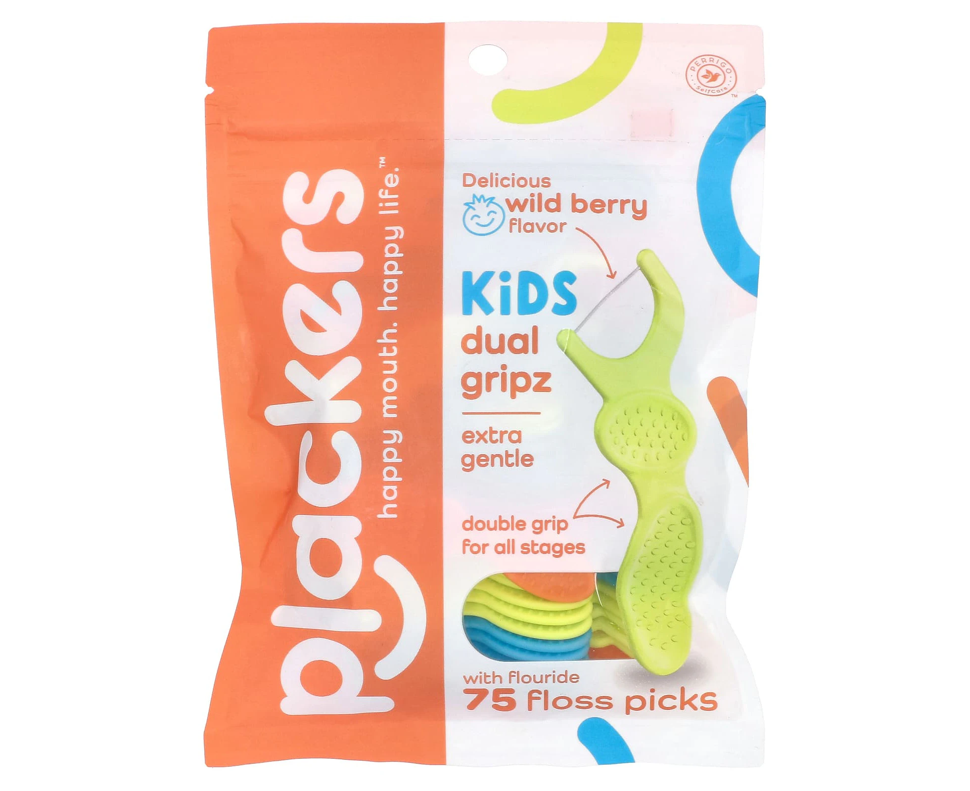 Plackers, Kid's Dual Gripz, Extra Gentle with Fluoride, Wild Berry, 75 Floss Picks