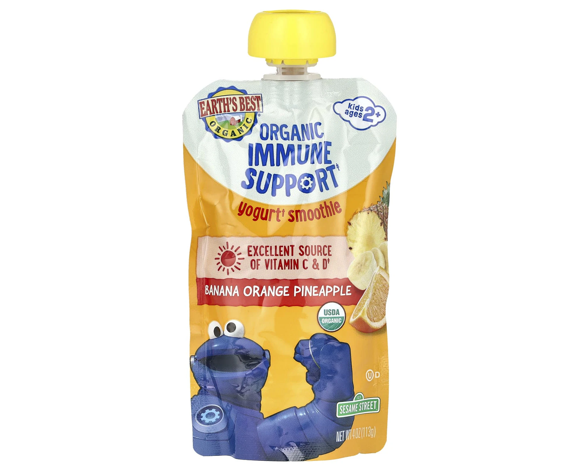 Earth's Best, Organic Immune Support Yogurt Smoothie, Ages 2+, Banana Orange Pineapple, 4 oz (113 g)