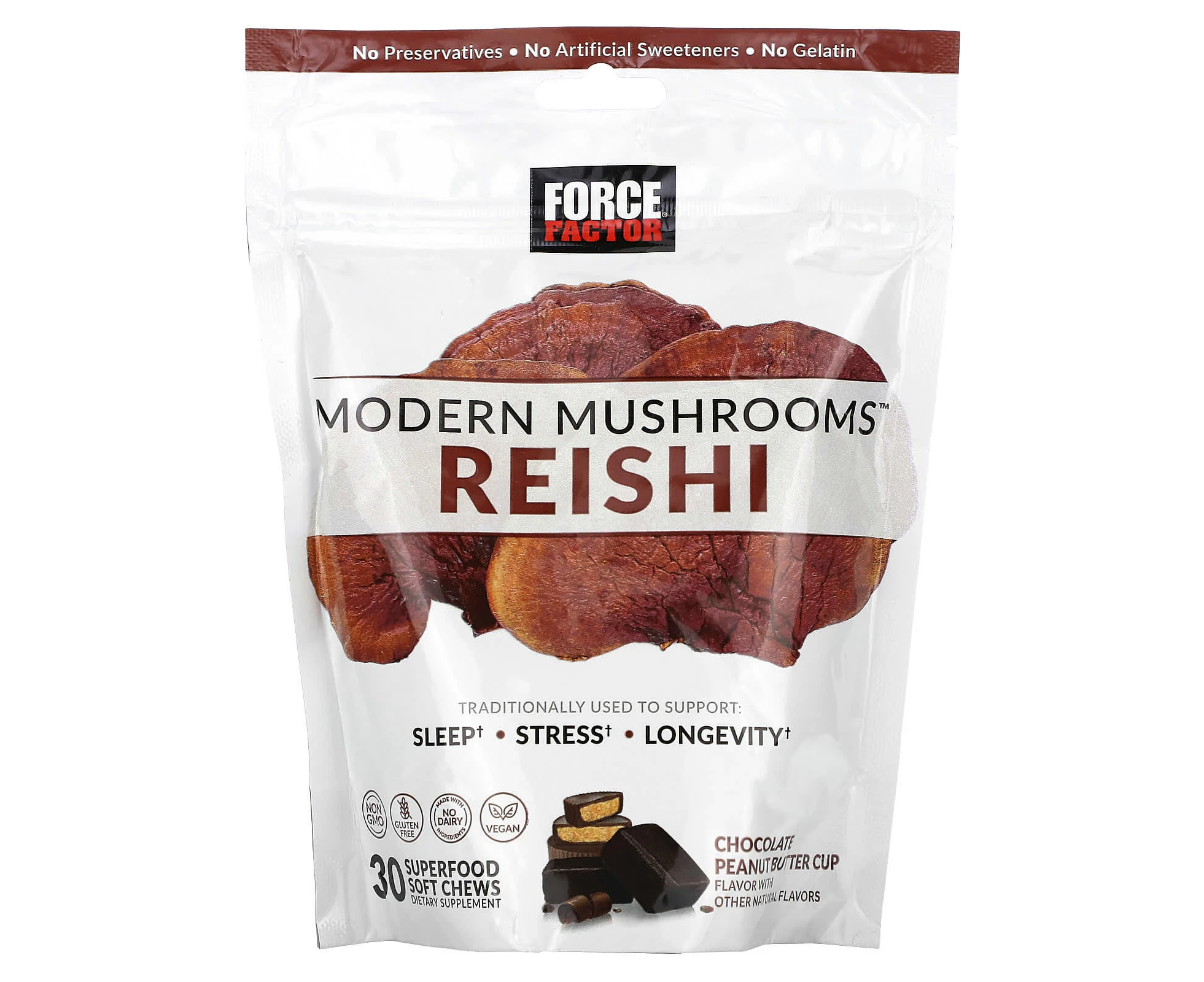 Force Factor, Modern Mushrooms, Reishi, Chocolate Peanut Butter Cup, 30 Superfood Soft Chews