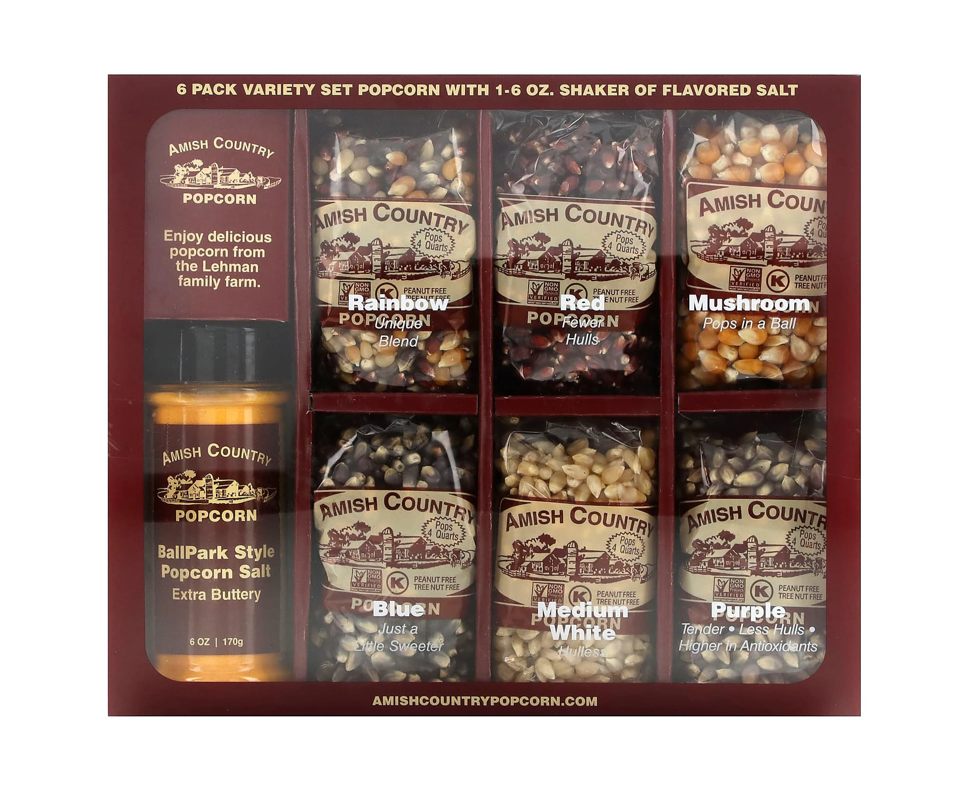 Amish Country Popcorn, Variety Set Popcorn with Shaker of Flavored Salt, 7 Pieces