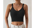 Women Short Tank Top V Neck Spaghetti Straps Slim Fitting Cable Knit Sleeveless Vest Black S