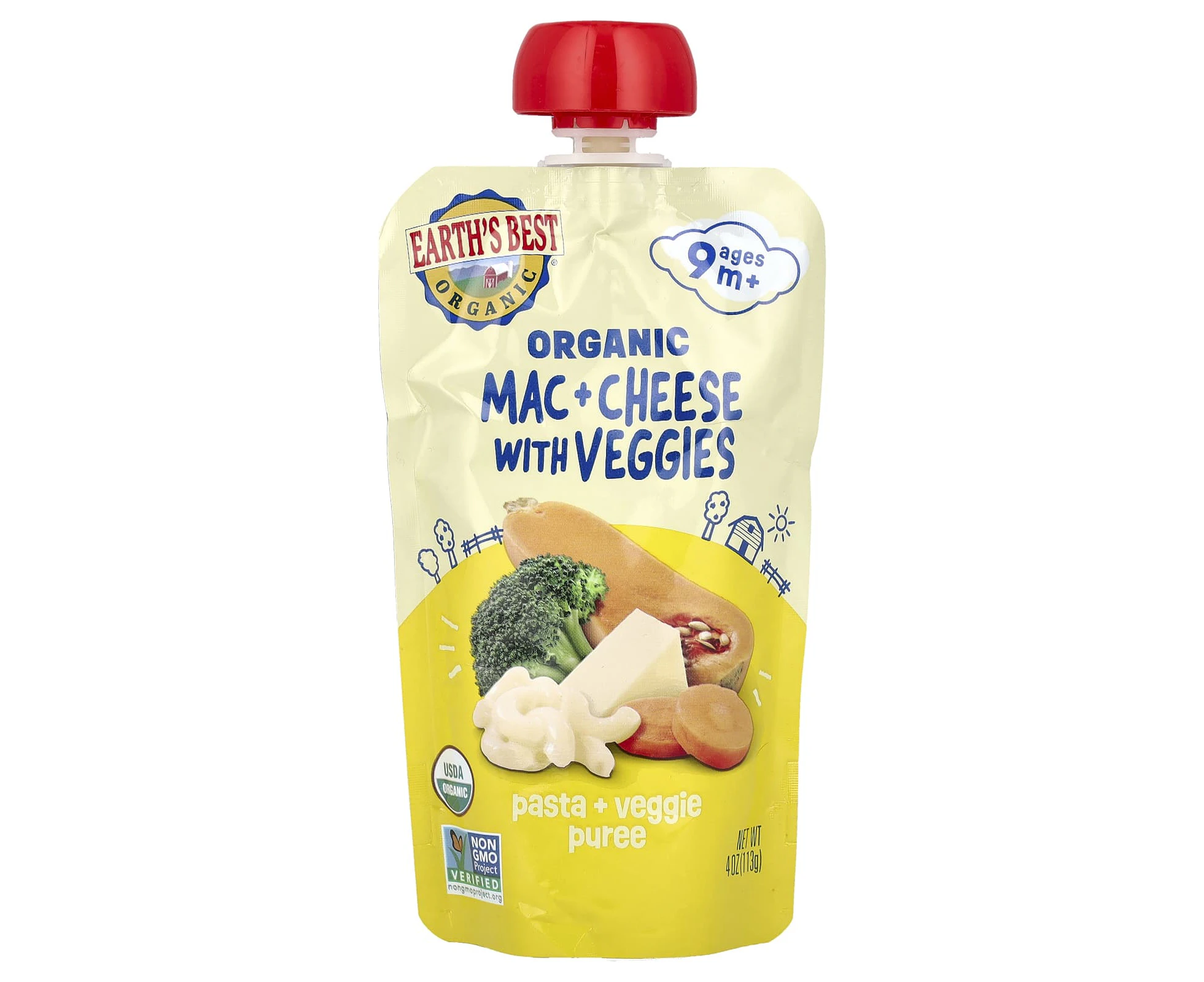 Earth's Best, Organic Pasta + Veggie Puree, Ages 9M+ Mac & Cheese With Veggies, 4 oz (113 g)