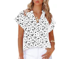 Women Summer Top V Neck Loose Short Sleeves Spots Print Button Front Casual Comfortable Summer Shirt Top White Xl