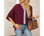 3/4 Sleeve Chiffon Shirt V Neck Printed Oversized Loose Fit Blouse T Shirt For Women Summer Burgundy S