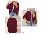 3/4 Sleeve Chiffon Shirt V Neck Printed Oversized Loose Fit Blouse T Shirt For Women Summer Burgundy S