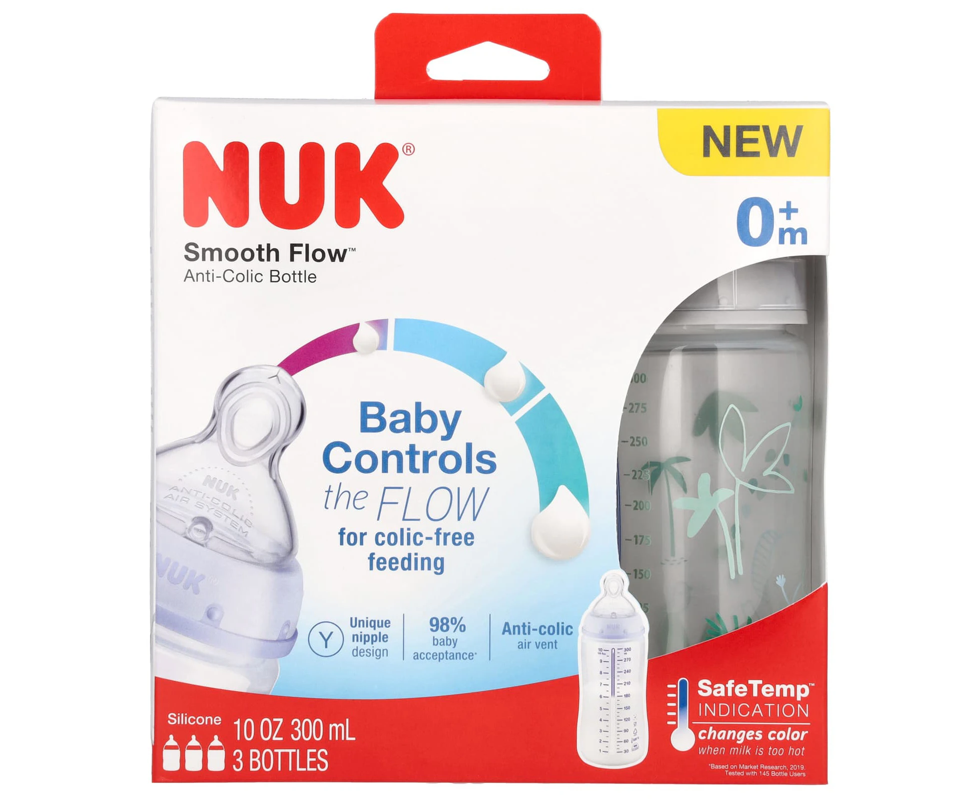 NUK, Smooth Flow, Anti-Colic Bottle, 0+ Months, 3 Bottles, 10 oz (300 ml) Each