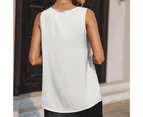 Women V Neck Tank Top Pure Color Satin Finish Fashionable Sleeveless Satin Plain Color Top White L