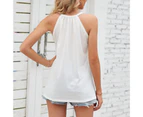 Women Top Round Neck Sleeveless Blouse Ruched Bust Shirt Lace Splicing Pure Color Top White S