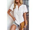 Women Short Flutter Sleeves Top V Neck Button Trim Pleated Summer Pure Color Casual T Shirt White L