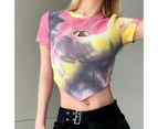 Women Short Sleeve T Shirt Tie Dye Printed Cutout V Hem Top Round Neck Slim Fit Casual Blouse For Summer Floral L