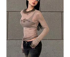 Women Slim Fit Top Long Sleeve Round Neck Top Lightweight Fabric Casual Top For Summer Brown L