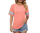 Crewneck T Shirt Breathable And Loose Short Sleeve With Striped Sleeve For Women Pink M