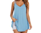 Double Strap Camisole Sleeveless Flowy V Neckline Double Strap Tank For Summer Lady Girl Light Blue L