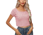 Women Cable Knit Short Sleeve Top Slim Fit Plain Color Stretchy Casual Summer Pullover T Shirt Pink Xl