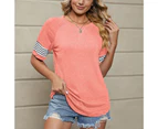 Crewneck T Shirt Breathable And Loose Short Sleeve With Striped Sleeve For Women Pink M