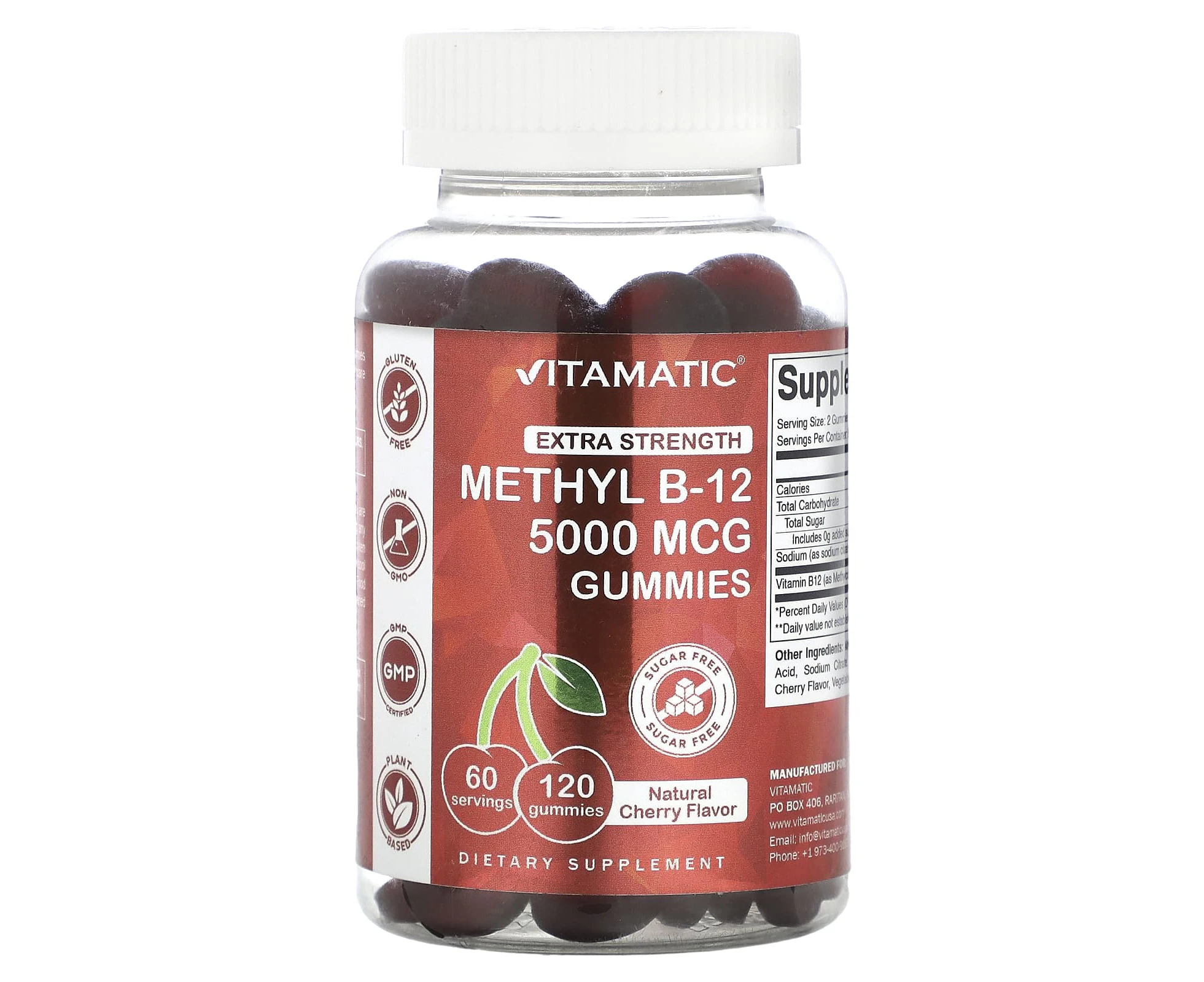 Vitamatic, Methyl B-12 Gummies, Extra Strength, Natural Cherry, 5,000 mcg, 120 Gummies (2,500 mcg per Gummy)