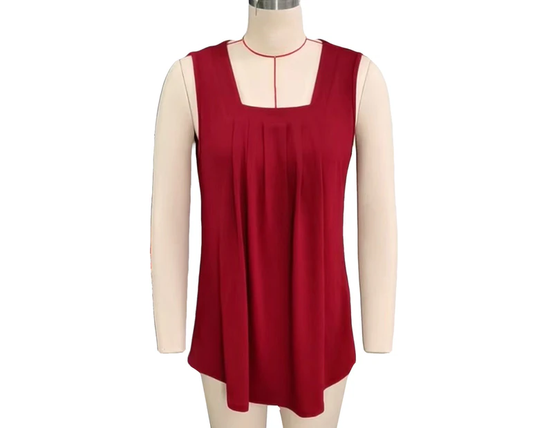 Women Tank Top Front Pleated Trim Loose Fitting Pure Color Summer Sleeveless Vest For Daily Wear Wine Red Xl