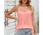 Women Top Round Neck Sleeveless Blouse Ruched Bust Shirt Lace Splicing Pure Color Top Pink S