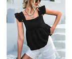 Women Sleeveless Top Ruffle Trim Shoulder Straps Loose Spliced Hem Summer Casual Backless Blouse Black Xl