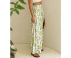 Women Wide Leg Pants Ruffle Floral Prints High Waisted Elastic Drawstring Women Beach Pants For Party Shopping Travel Ananas Prints L