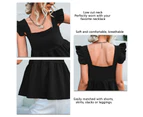 Women Sleeveless Top Ruffle Trim Shoulder Straps Loose Spliced Hem Summer Casual Backless Blouse Black Xl