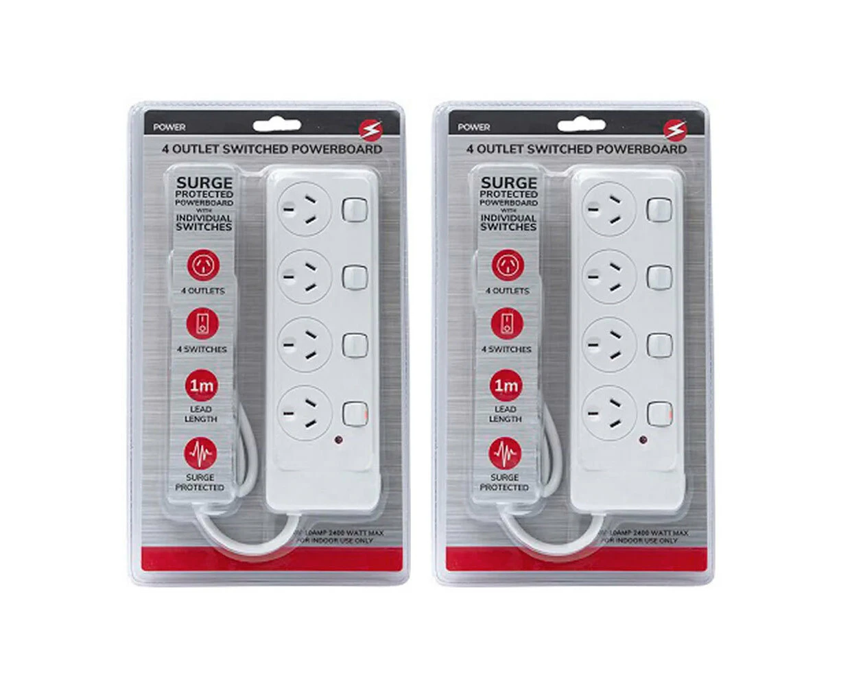 2x 4 way Outlet Switched Surge Protected 2400W/240V/10Amp Power Board w/1m Cable