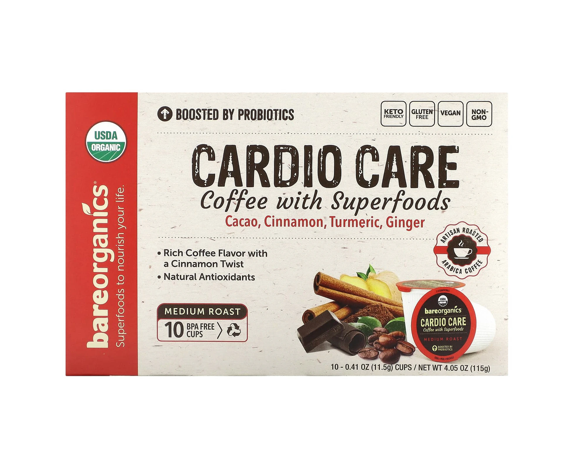 BareOrganics, Cardio Care, Coffee with Superfoods, Medium Roast, 10 Cups, 0.41 oz (11.5 g) Each