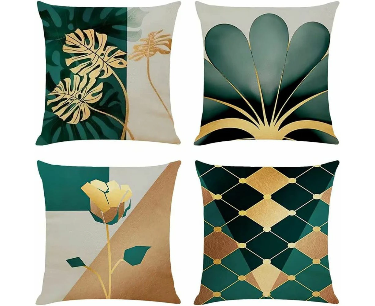 Set Of 4 Cushion Cover 45X45 Linen Decorative Cushion Cover Gold Green Ginkgo Decorative Cushion Country Style Nature Cushion