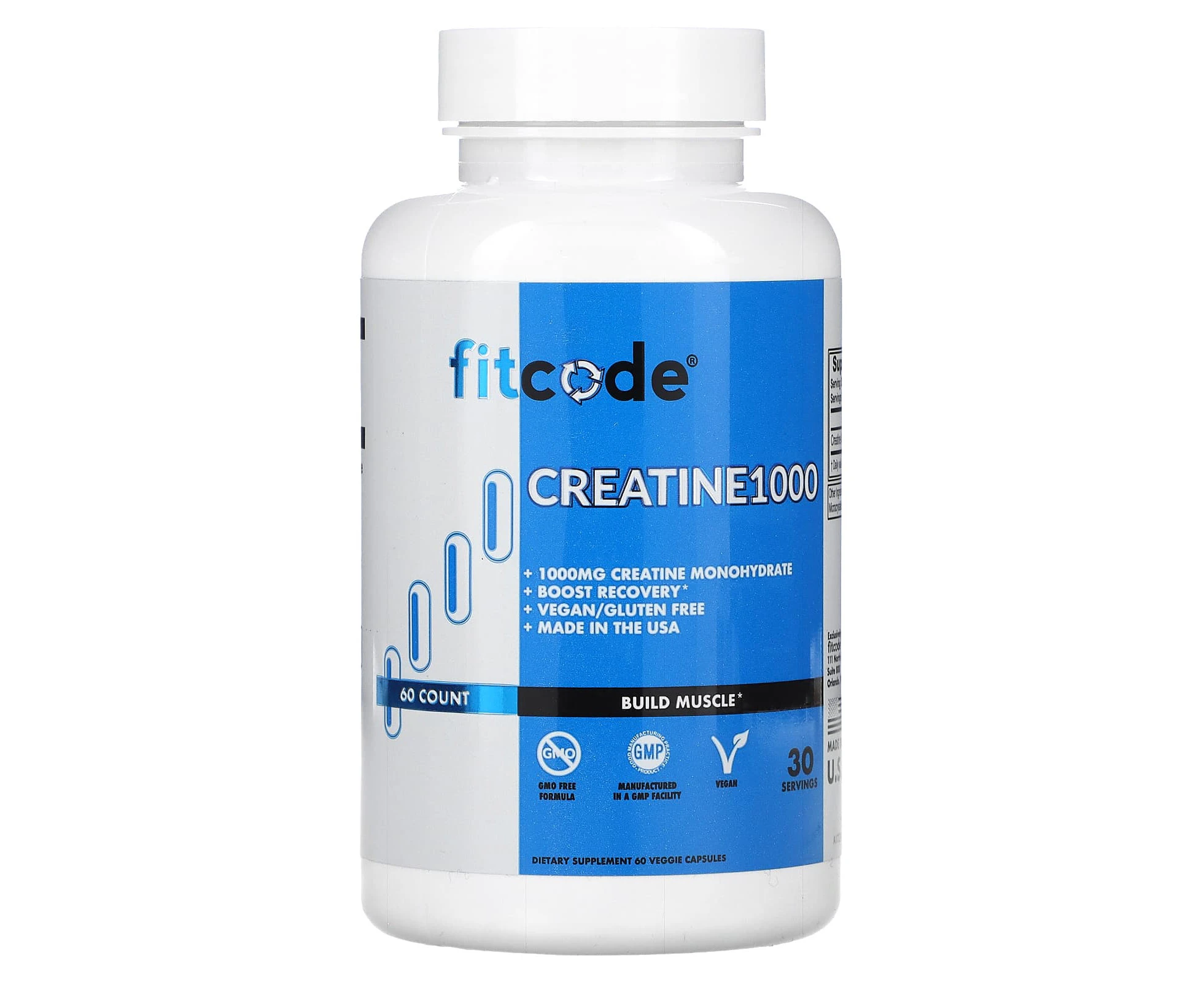 fitcode, Creatine1000, 1,000 mg, 60 Veggie Capsules (500 mg per Capsule)