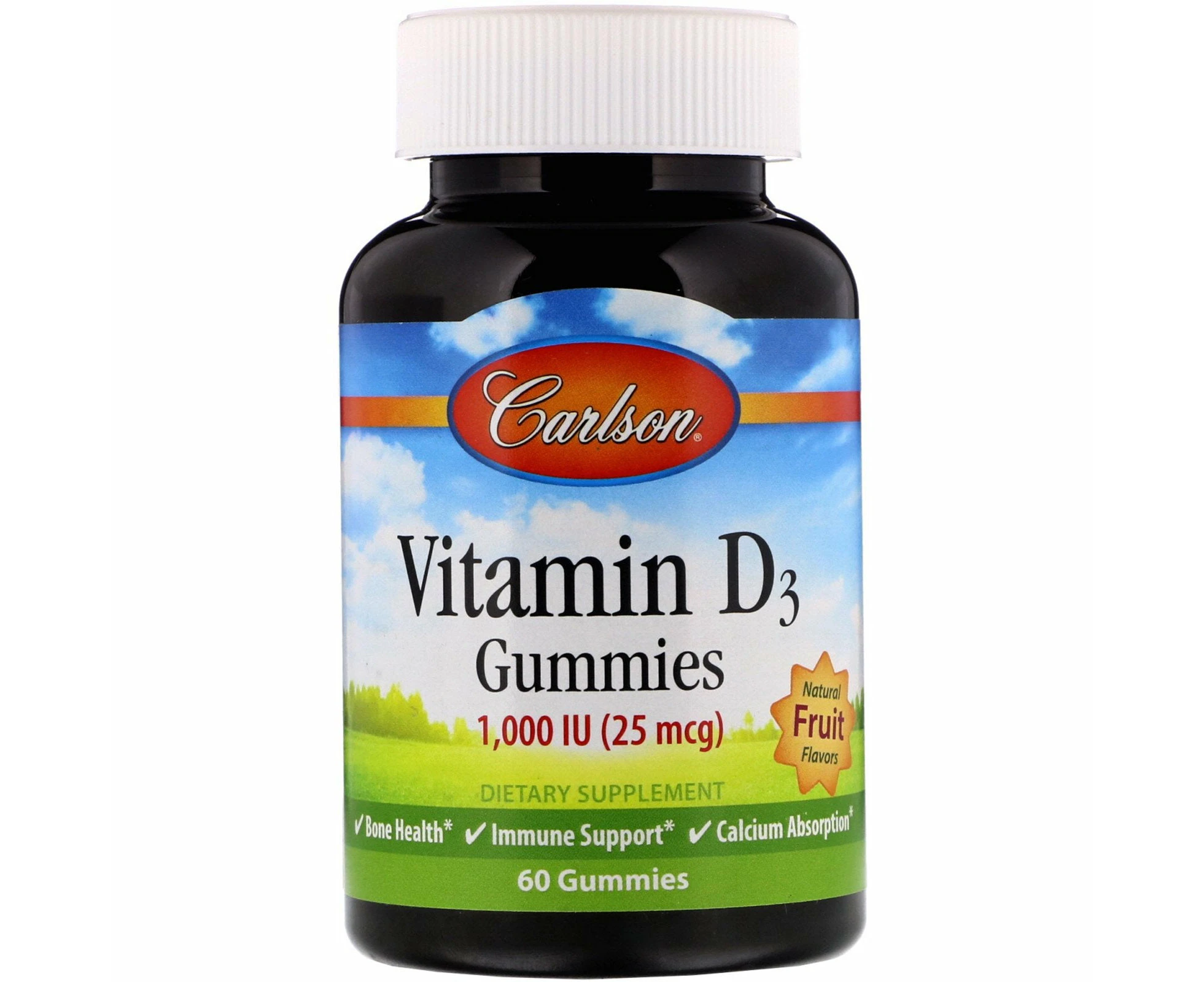 Carlson Labs, Vitamin D3 Gummies, Natural Fruit Flavors, 25 mcg (1,000 IU), 60 Gummies