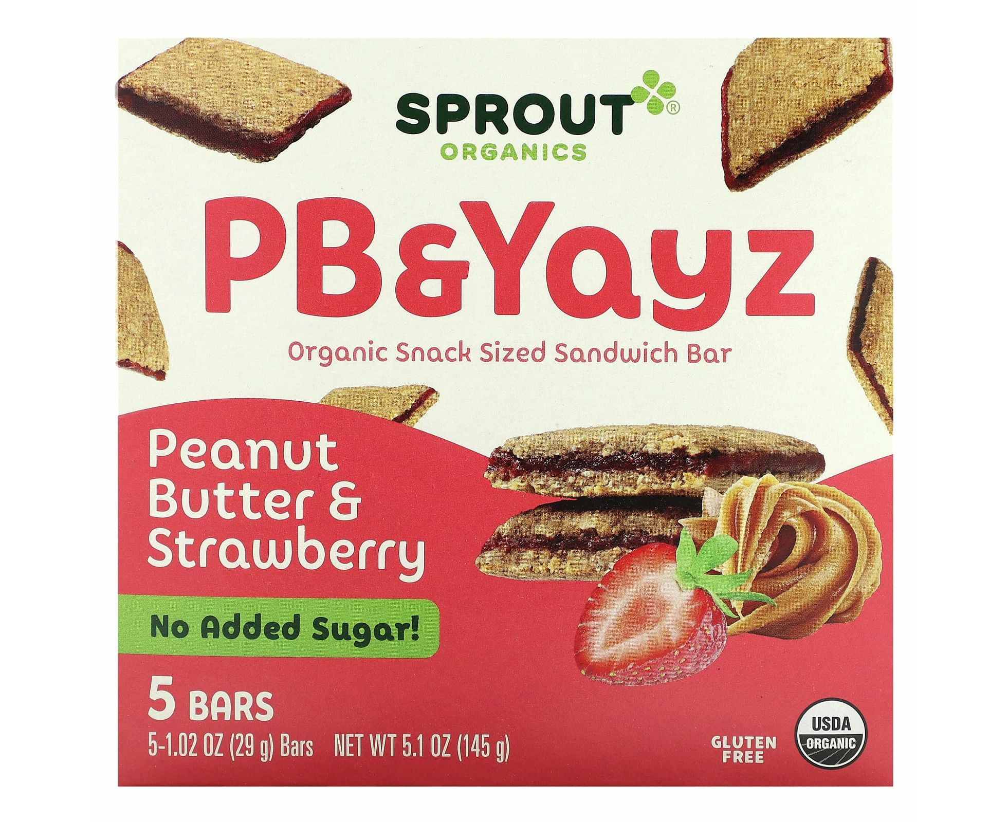 Sprout Organics, PB & Yayz, Organic Snack Sized Sandwich Bar, Peanut Butter & Strawberry, 5 Bars, 1.02 oz (29 g) Each