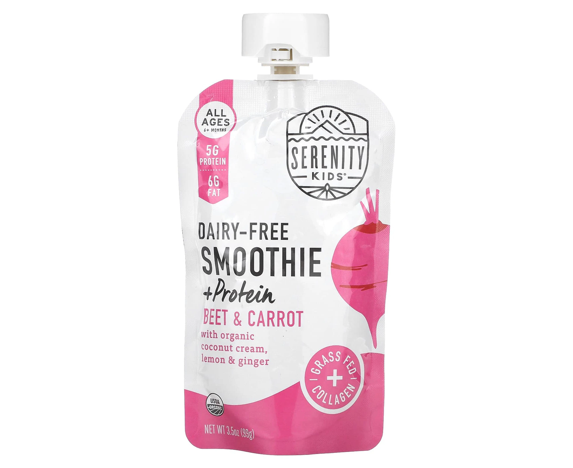 Serenity Kids, Dairy-Free Smoothie + Protein, All Ages 6+ Months, Beet & Carrot, 3.5 oz (99 g)