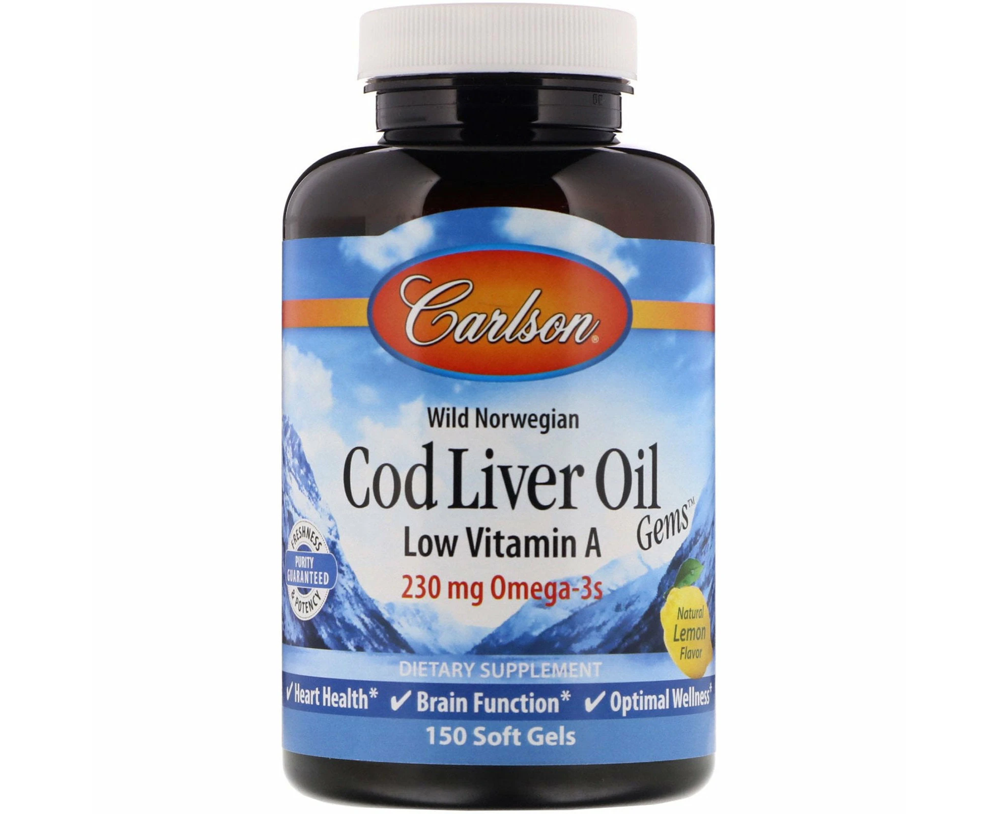 Carlson Labs, Wild Norwegian Cod Liver Oil Gems, Low Vitamin A, Natural Lemon Flavor, 230 mg, 150 Soft Gels