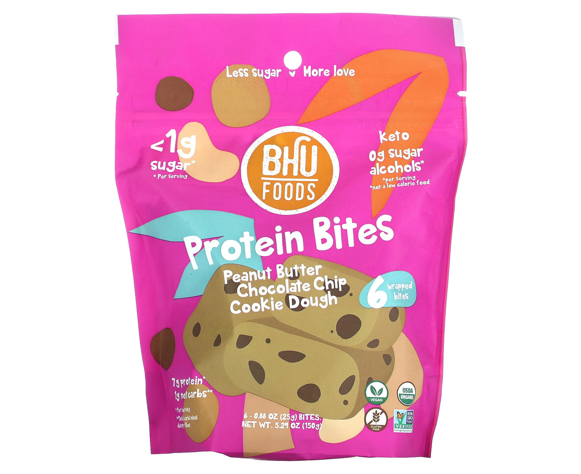 BHU Foods, Protein Bites, Peanut Butter, Chocolate Chip Cookie Dough, 6 Bites, 0.88 oz (25 g) Each