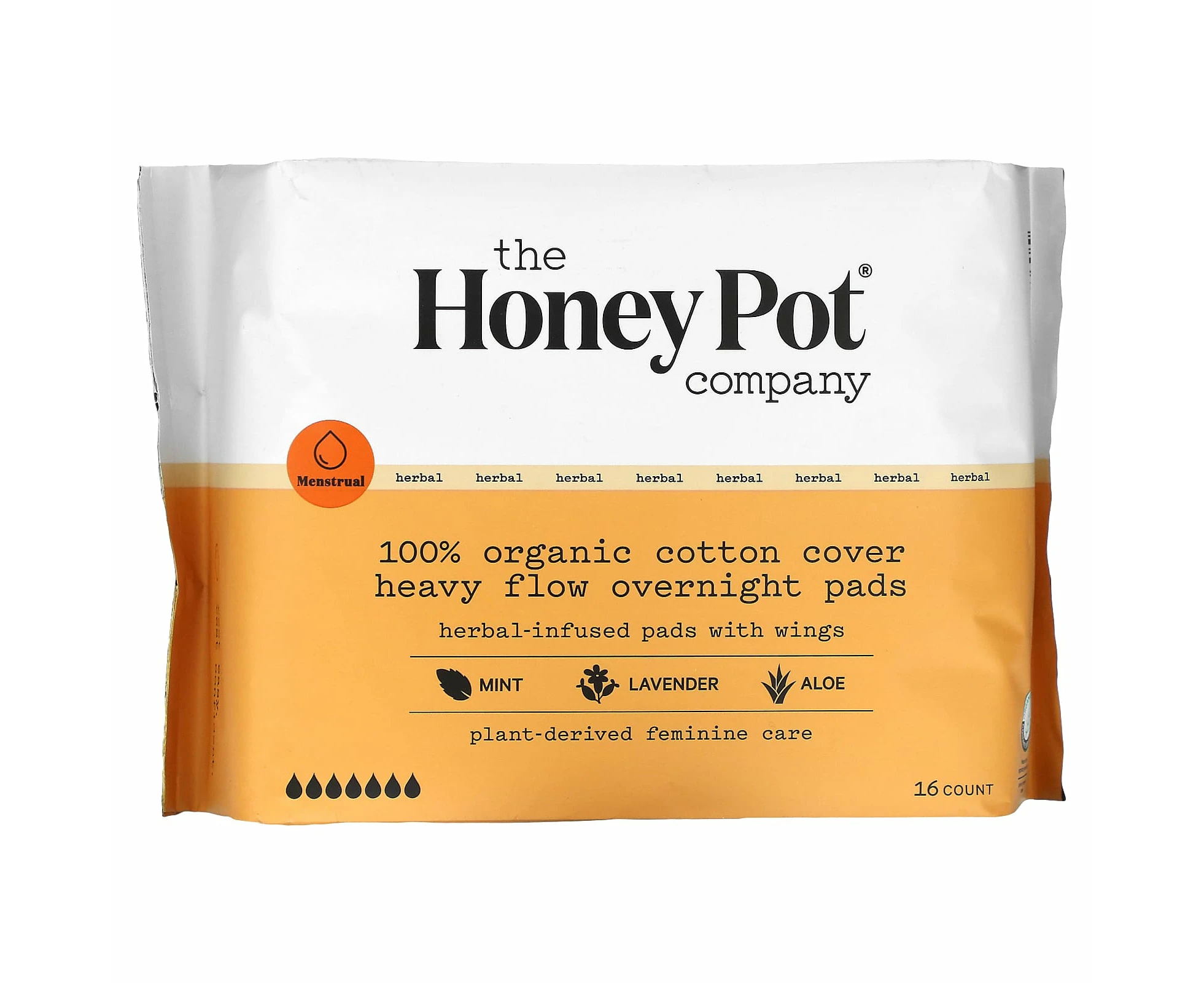 The Honey Pot Company, 100% Organic Cotton Cover Heavy Flow Overnight Pads, 16 Count