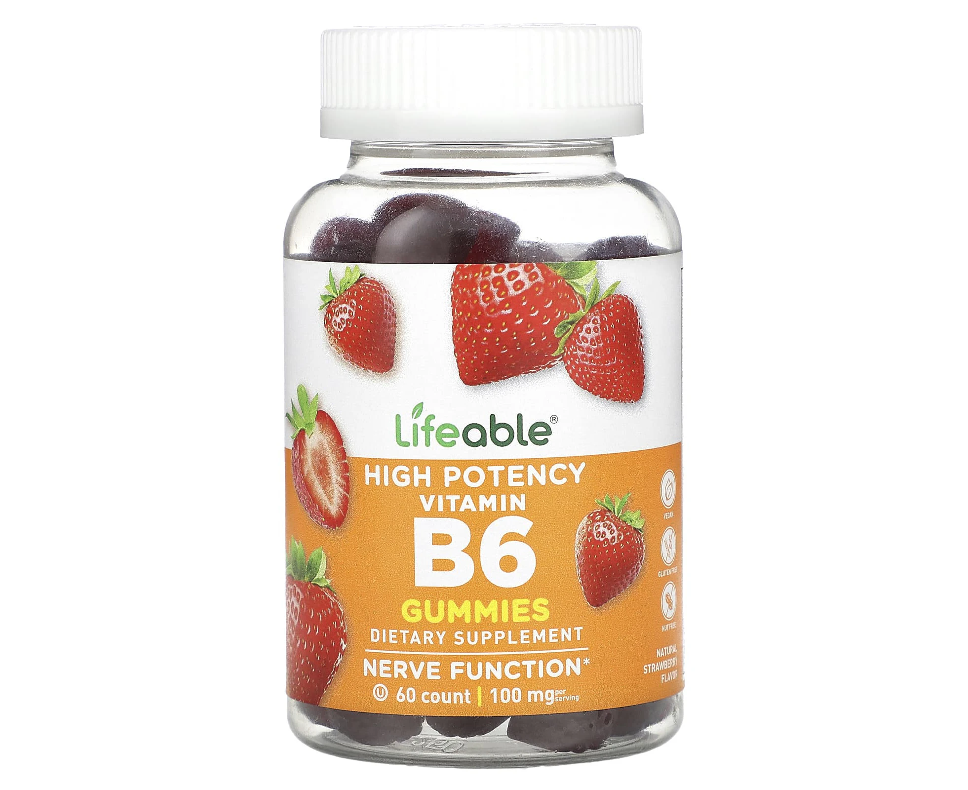 Lifeable, High Potency Vitamin B6 Gummies, Natural Strawberry, 100 mg, 60 Gummies (50 mg per Gummy)