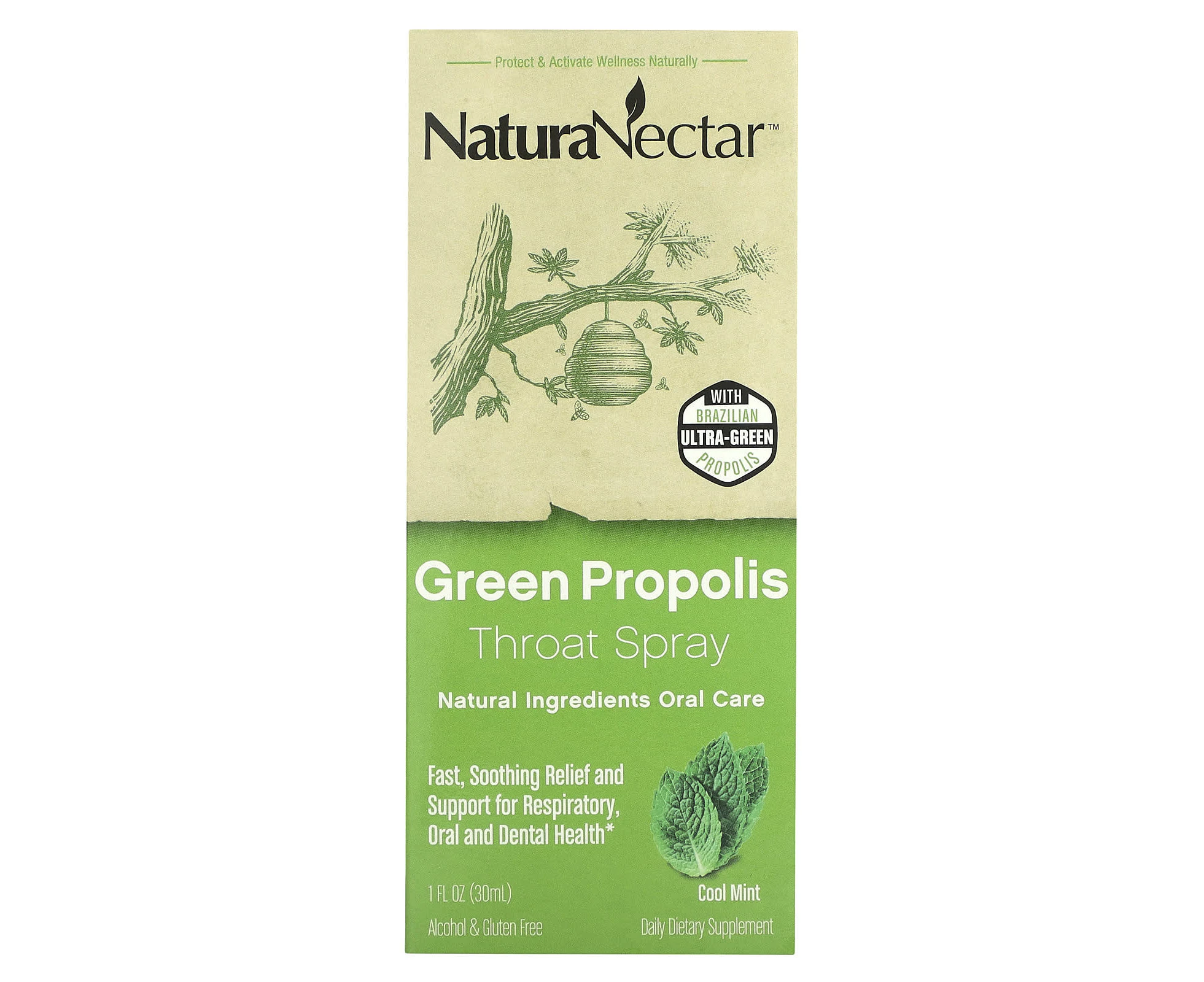 NaturaNectar, Green Propolis Throat Spray, Age 2yrs+, Cool Mint, 1 fl oz (30 ml)