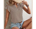 Ruffle Short Sleeve Blouse Stripe Printed Pattern V Neckline Short Sleeve Blouse For Women Lady Brown L