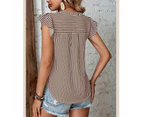 Ruffle Short Sleeve Blouse Stripe Printed Pattern V Neckline Short Sleeve Blouse For Women Lady Brown L